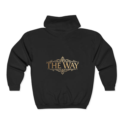 Full-Zip Hoodie — 'THE WAY' Vintage Gold Logo Back Print