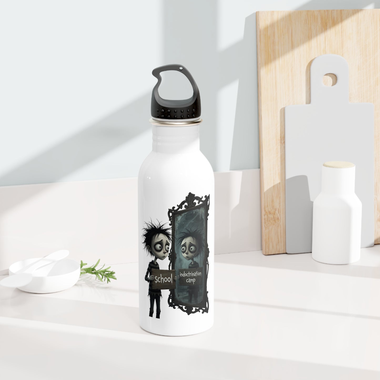 Gothic Mirror Water Bottle — 'School' Reflection Illustration