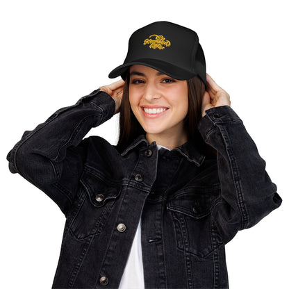 Foam Trucker Hat — 'Scrambled Eggs' Retro Script Embroidered Trucker Cap