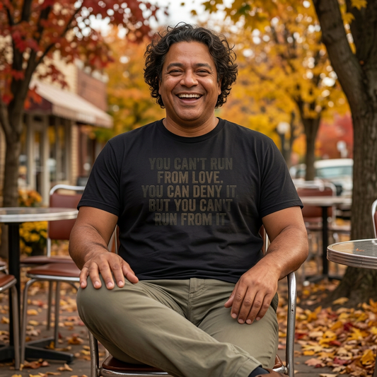Black Graphic Tee — “You May Run From Love, You Can Deny It But You Can't Run From It” Inspirational Statement Shirt