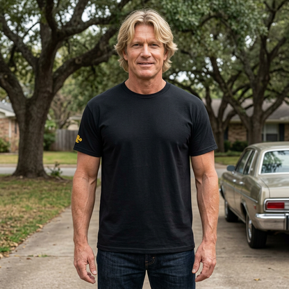 Black T-Shirt — Minimal Gold Sleeve Accent Tee