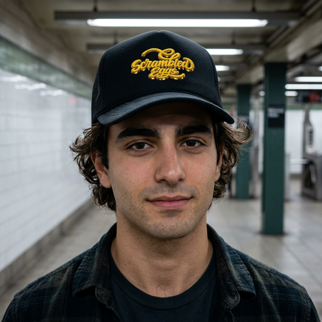 Foam Trucker Hat — 'Scrambled Eggs' Retro Script Embroidered Trucker Cap