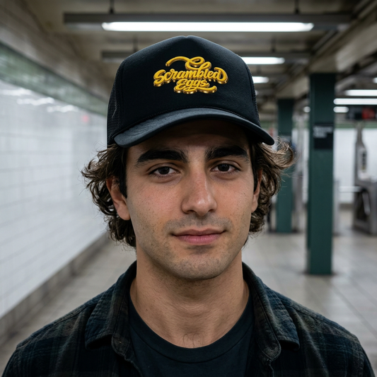 Foam Trucker Hat — 'Scrambled Eggs' Retro Script Embroidered Trucker Cap