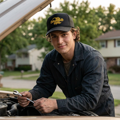 Foam Trucker Hat — 'Scrambled Eggs' Retro Script Embroidered Trucker Cap