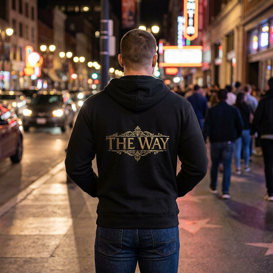 Full-Zip Hoodie — 'THE WAY' Vintage Gold Logo Back Print