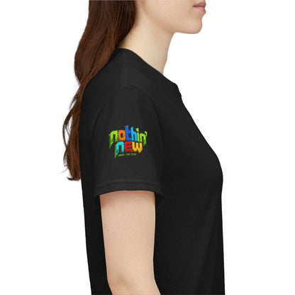 Black Tee with "nothin' new" colorful typography featured.
