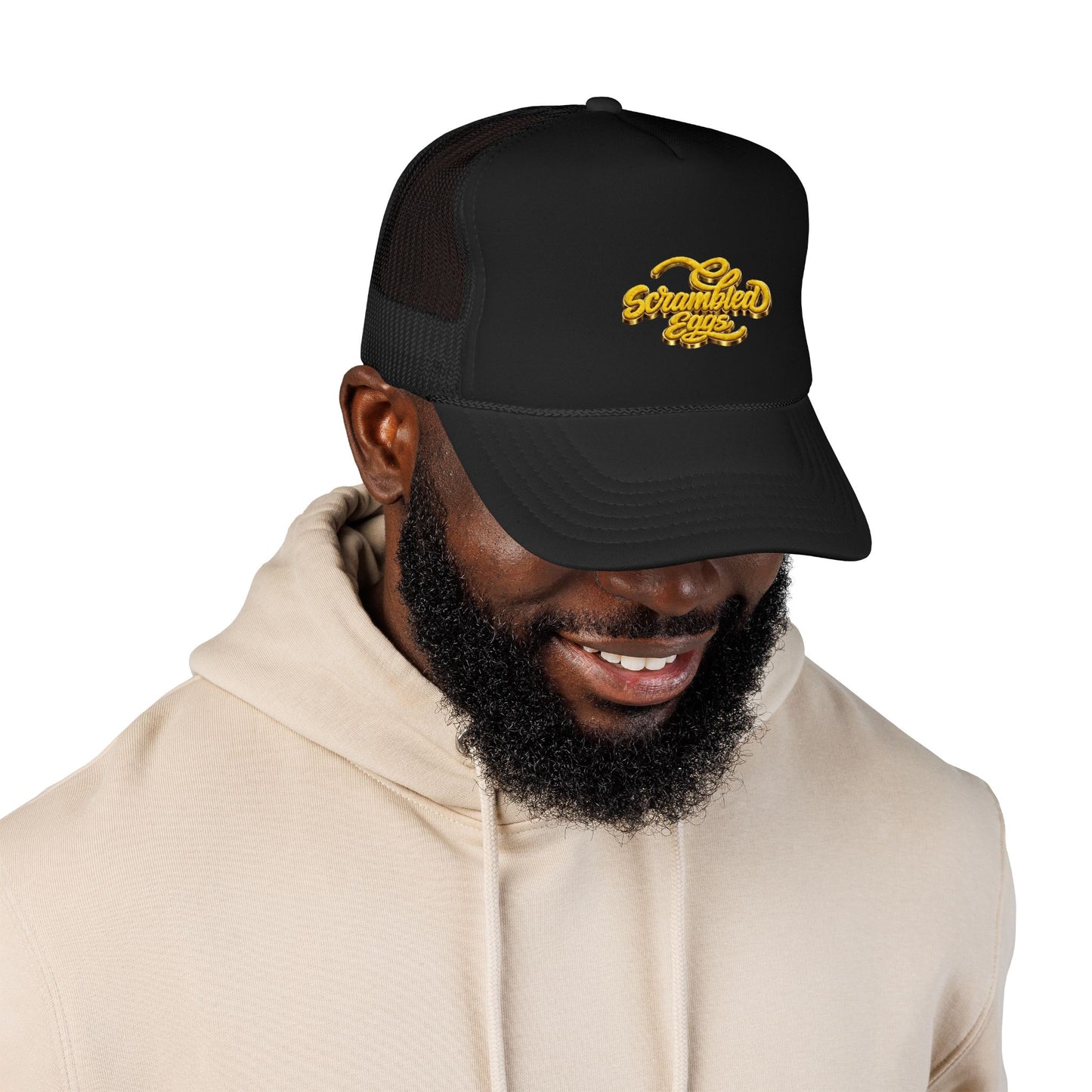 Foam Trucker Hat — 'Scrambled Eggs' Retro Script Embroidered Trucker Cap